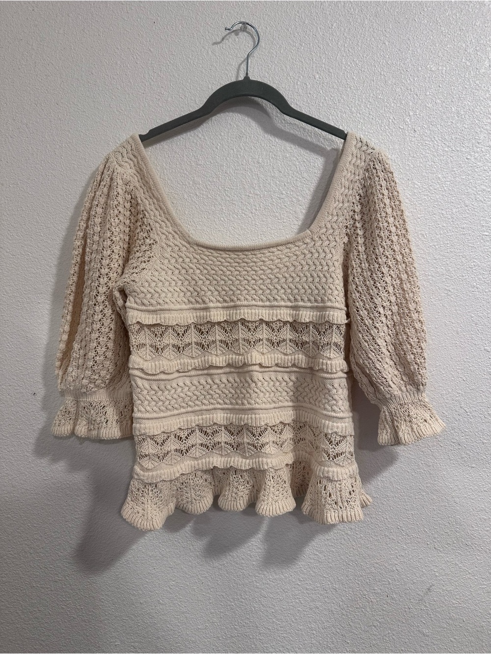 Cream Knit Scoop Neck Peasant Sweater